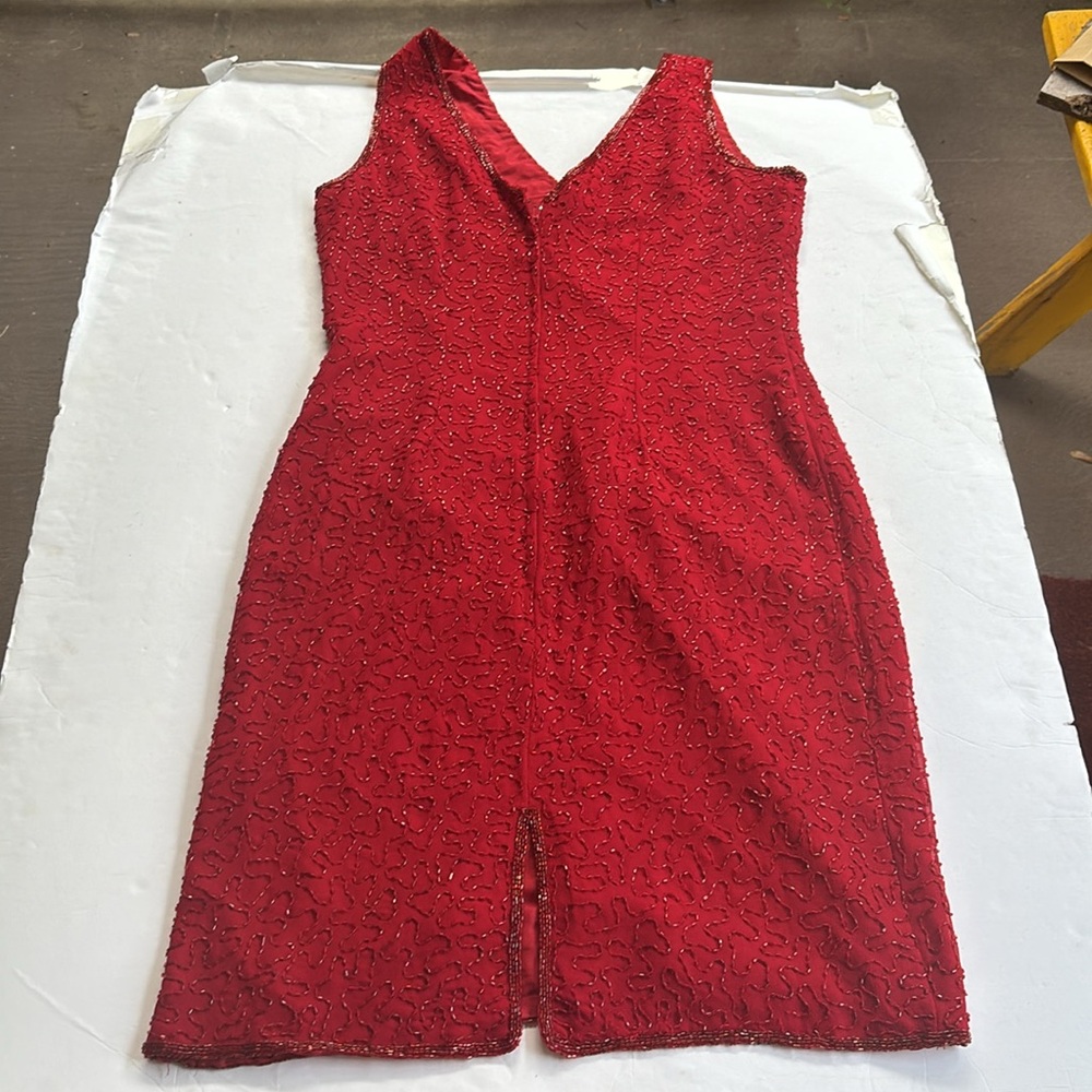 Vintage J Kara 90 2000 Beaded Short Gown Dress Flapper Red Medium y2k Nordstrom - Picture 5 of 17